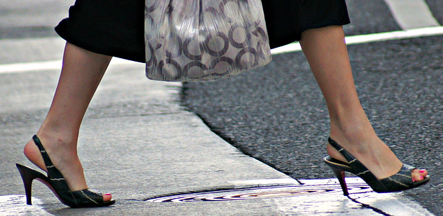cole haan heels crossing the street