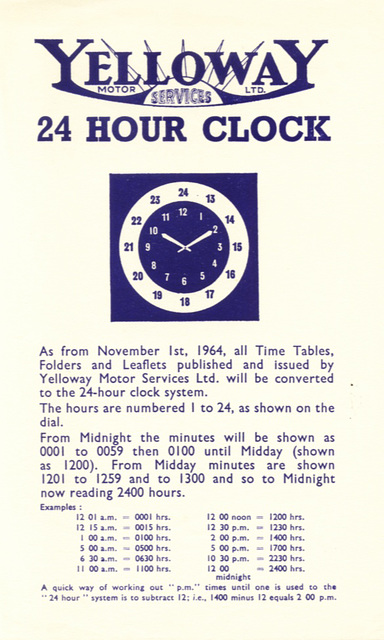 Leaflet produced by Yelloway introducing the 24 hour clock
