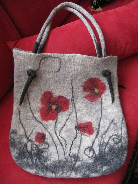 grey felted handbag with poppy flowers