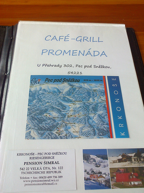 Menu at Cafe-Grill Promenada, Pec pod Snezkou, Kralovehradecky kraj, Bohemia(CZ), 2015