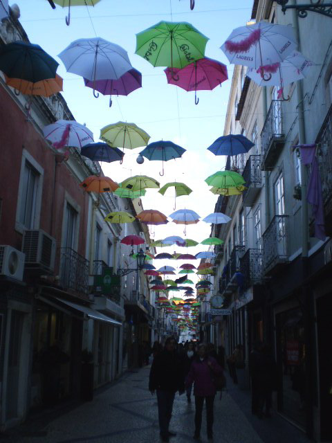 Hovering umbrellas.
