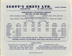Scotts Greys Coaches Darlington-Blackpool coach service timetable (1975 or 1980?)