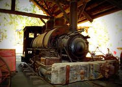 Steam logging locomotive, wood-burning.