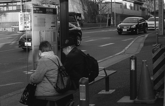 Elder couple at a bus stop