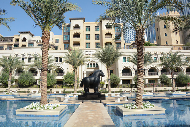 U.A.E., Dubai, The Fountain in the Palace Hotel and Burj Khalifa