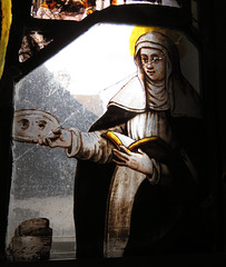 canterbury museum glass   (49)st lucy with her eyes on a plate, c16 Flemish glass