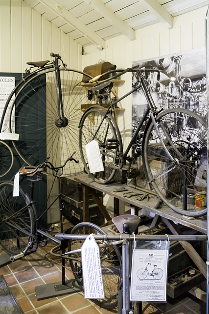 A collection of cycles at Brooklands Museum with The Ladies Psycho; by Starley Bros
