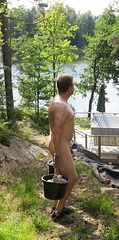 nudist working outdoor nude