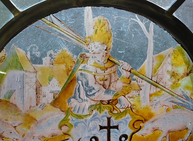 Detail of the Turkish Soldier Holding an Arrow and Supporting a Shield Stained Glass Roundel in the Cloisters, October 2017