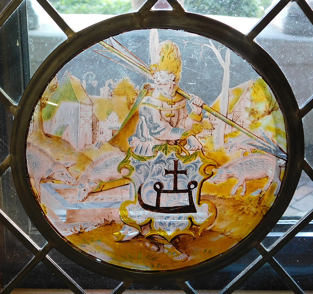 Turkish Soldier Holding an Arrow and Supporting a Shield Stained Glass Roundel in the Cloisters, October 2017