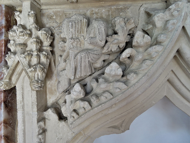 lawford church, essex (23) musician with portative organ on the c14 piscina canopy
