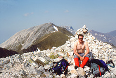 Steve on summit of Sgor an Iubhair a Warm day on the Ring Of Steall 11th May 1993.