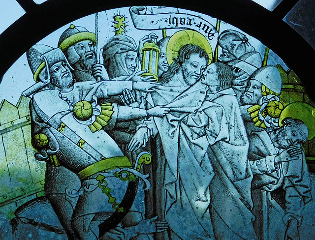 Detail of the Stained Glass Roundel with the Betrayal in the Cloisters, October 2017