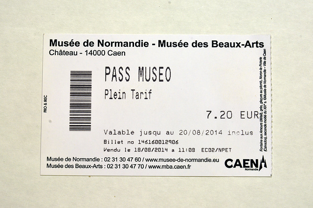 Ticket for the Musée de Normandie – Musée des Beaux-Arts