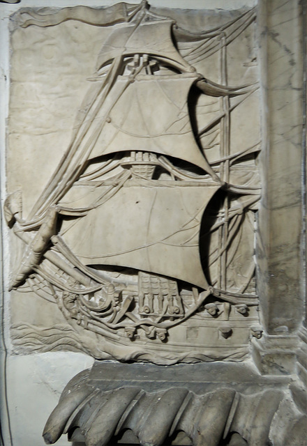 st margaret's church, barking, essex (43)detail of ship on c18 tomb built under the terms of the will of captain john bennett +1717