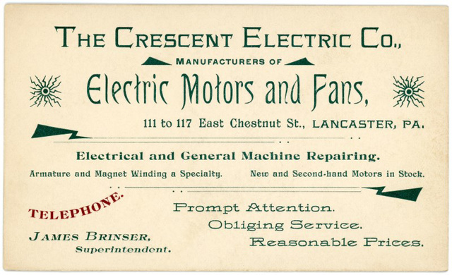 Crescent Electric Company, Electric Motors and Fans, Lancaster, Pennsylvania, ca. 1895