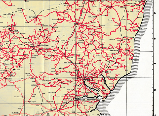 Part of the Eastern Counties bus map showing Suffolk - Jan 1971