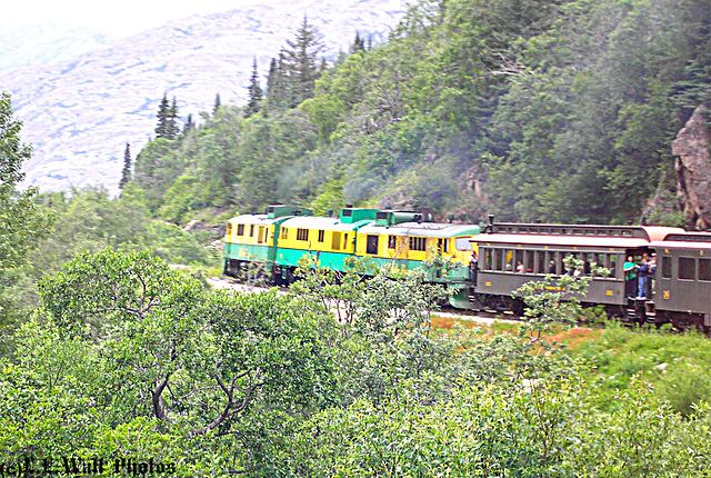 Old Diesels Work Hard, Leading a Sightseeing Train Up the White Pass Grade