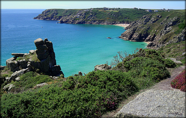 Porthcurno and the Minnack theatre from the Logan Rock area.
