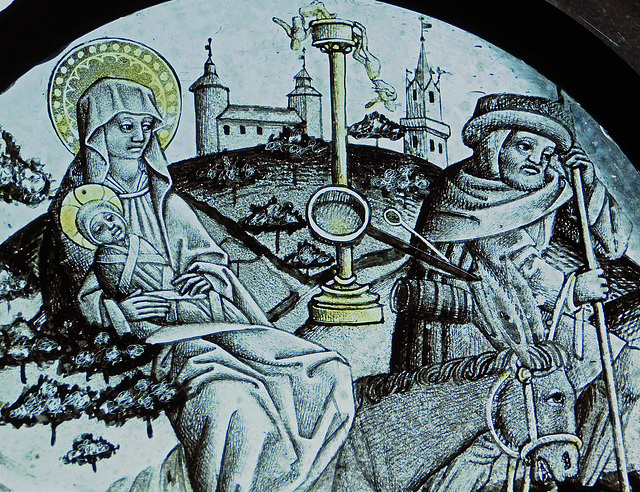 Detail of the Stained Glass Roundel with the Flight into Egypt in the Cloisters, October 2017