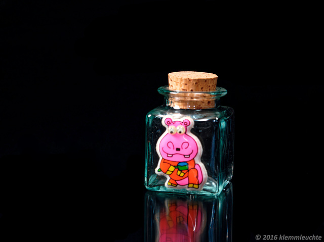 Kleiner Hippo-Aufkleber auf zierlichen Glasgefäß, Kunststoff, 2016
