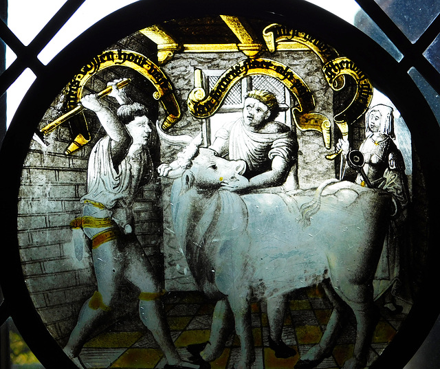 Detail of the December: Killing the Ox Stained Glass Roundel in the Cloisters, October 2017