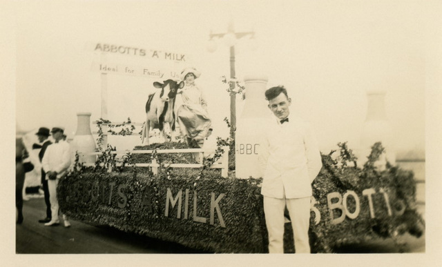 Abbotts "A" Milkman, Milkmaid, and Parade Float, ca. 1922
