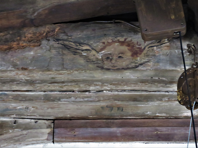 st margaret's church, barking, essex (108)cherub painted on roof timber over chancel arch, perhaps part of a late c17 or  early c18 design