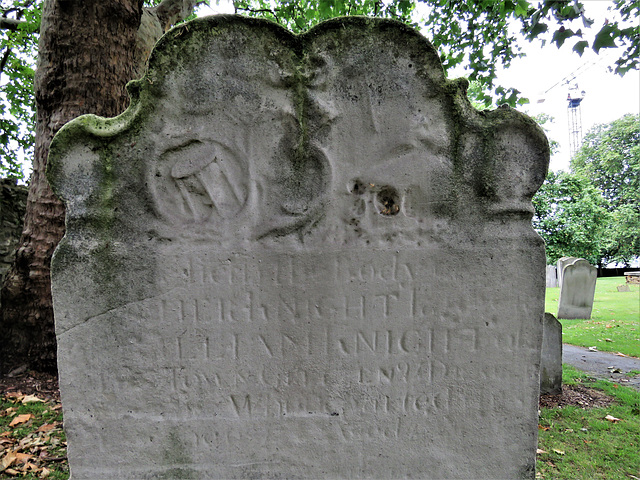 st margaret's church, barking, essex (119)c18 gravestone with skull, hourglass etc. to family of william night
