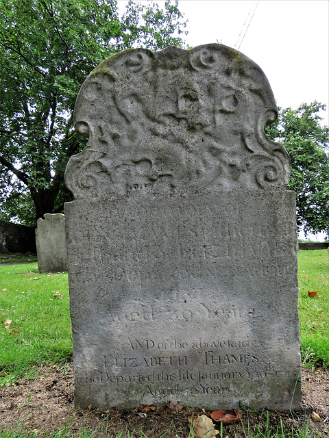 st margaret's church, barking, essex (120)c18 gravestone with skulls c.1739 with additional inscription to elizabeth thames +1745