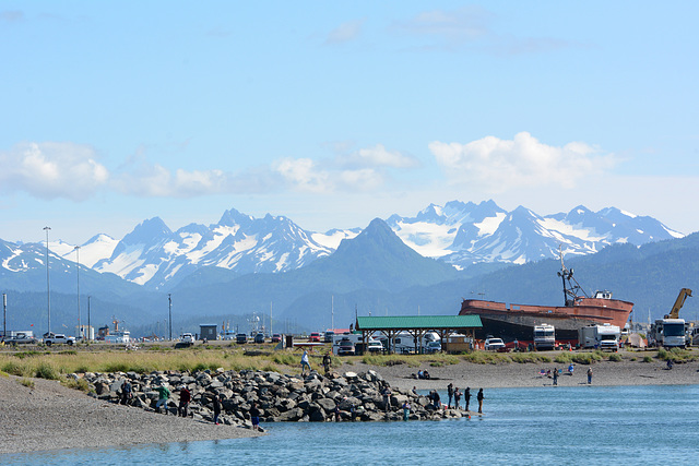 Alaska, Homer Spit Campground and Kachemak Bay Mountains