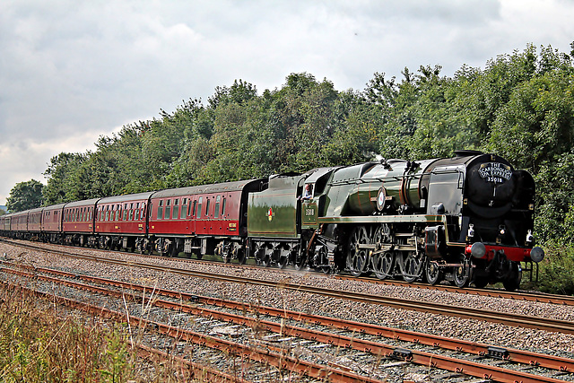 Bulleid Merchant Navy class 35018 BRITISH INDIA LINE approaching Seamer Station with 1Z24 07.40 Carnforth - Scarborough The Scarborough Spa Express 16th September 2021.( steam from York last SSE this 