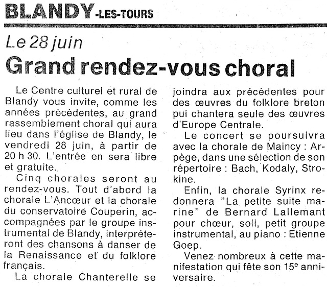 Concert des chorales à l'église de Blandy le 28/06/1996