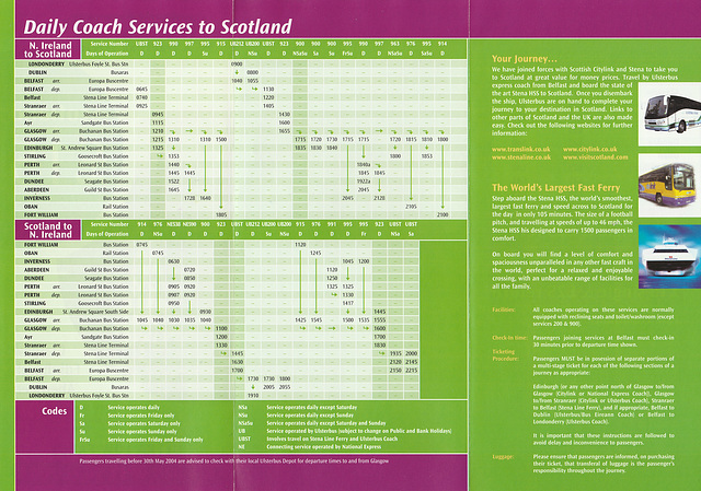 Ulsterbus timetable Belfast to Scotland - 2004-2005 (Side 2)