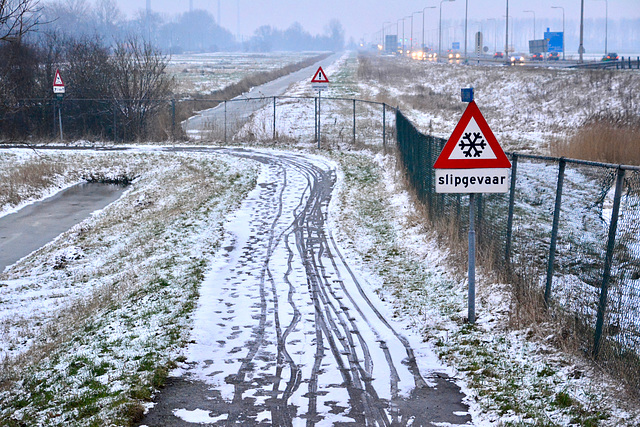When there is snow, signs are quickly placed to warn for slippery roads
