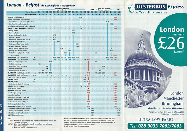 Ulsterbus timetable Belfast from Birmingham and London 2004-2005