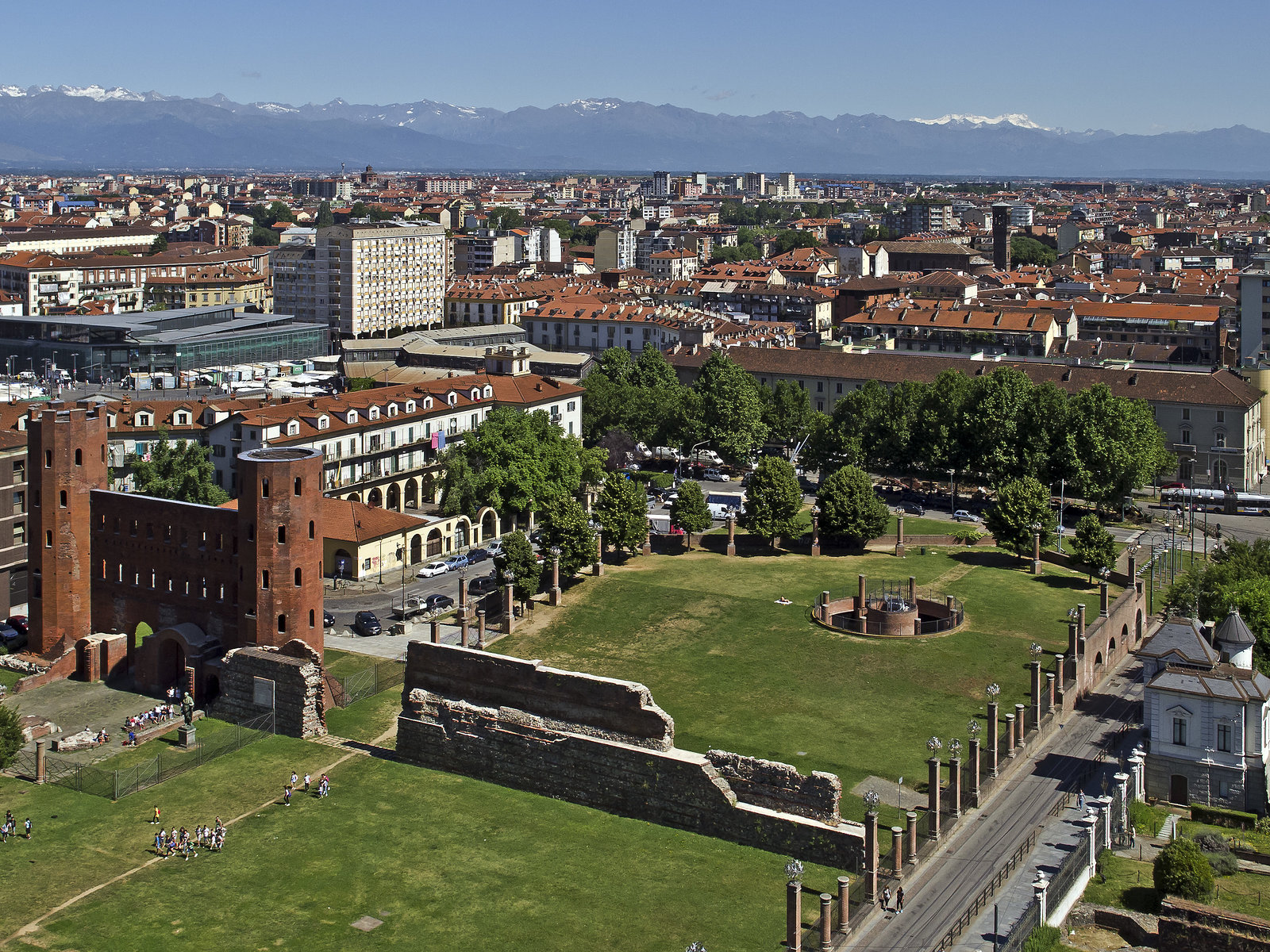 Turin from the top of the bell tower of the St. John the Baptist Cathedral - View on Palatine Gate, Po Valley to Rosa Mountain