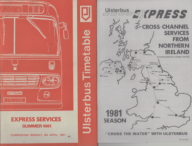 Ulsterbus timetable (Express) - Summer 1981