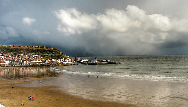 Snow shower approaching Scarborough Harbour