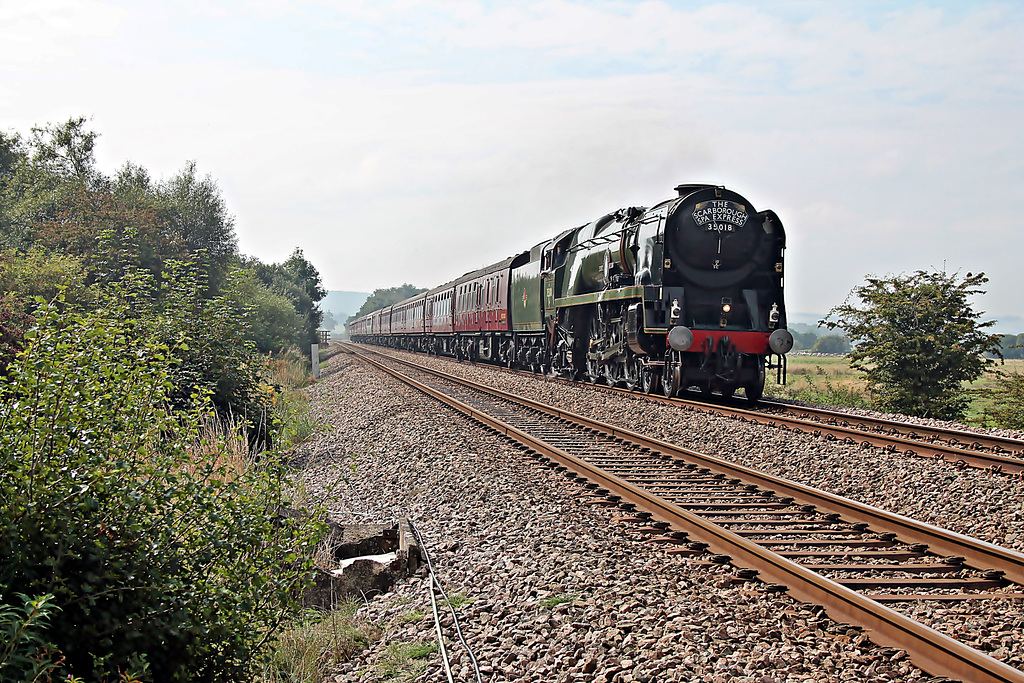 Bulleid Merchant Navy class 35018 BRITISH INDIA LINE at Robins Bottom Plantation Crossing with1Z24 06.00 Carnforth - Scarborough The Scarborough Spa Express 9th Septemder 2021. (steam from York)
