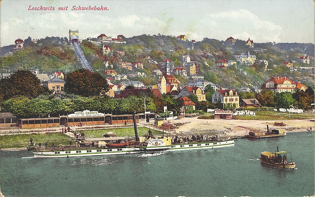 Postkarte Loschwitz mit Schwebebahn anno 1910