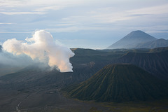 Indonesia, Java, Bromo Volcano (2329m), Mount Batok (2470m) and Semeru Volcano (3676m) in the Background