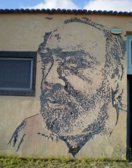 Portrait carved by Vhils.