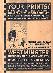 Movie camera advert on Westminster Photographic Exchange Ltd print wallet early 1940s