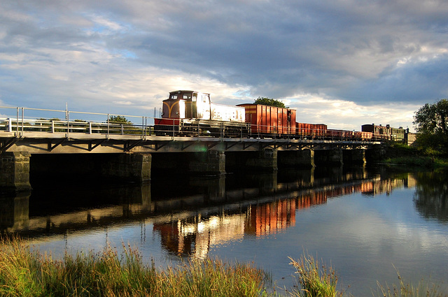 Evening freight train from Porthmadog crosses Pont Croesor