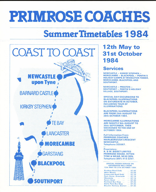 Primrose Coaches Summer 1984 timetable cover