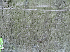 cobham church , surrey (17)c18 gravestone of kerenhappuch jelly +1749