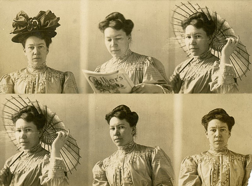 Woman in Five Poses with Hat, Magazine, and Parasol (Rearranged)