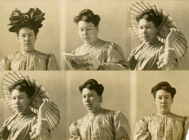 Woman in Five Poses with Hat, Magazine, and Parasol, ca. 1908 (Rearranged)