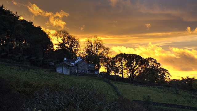 Cumbrian hill farm at sunset